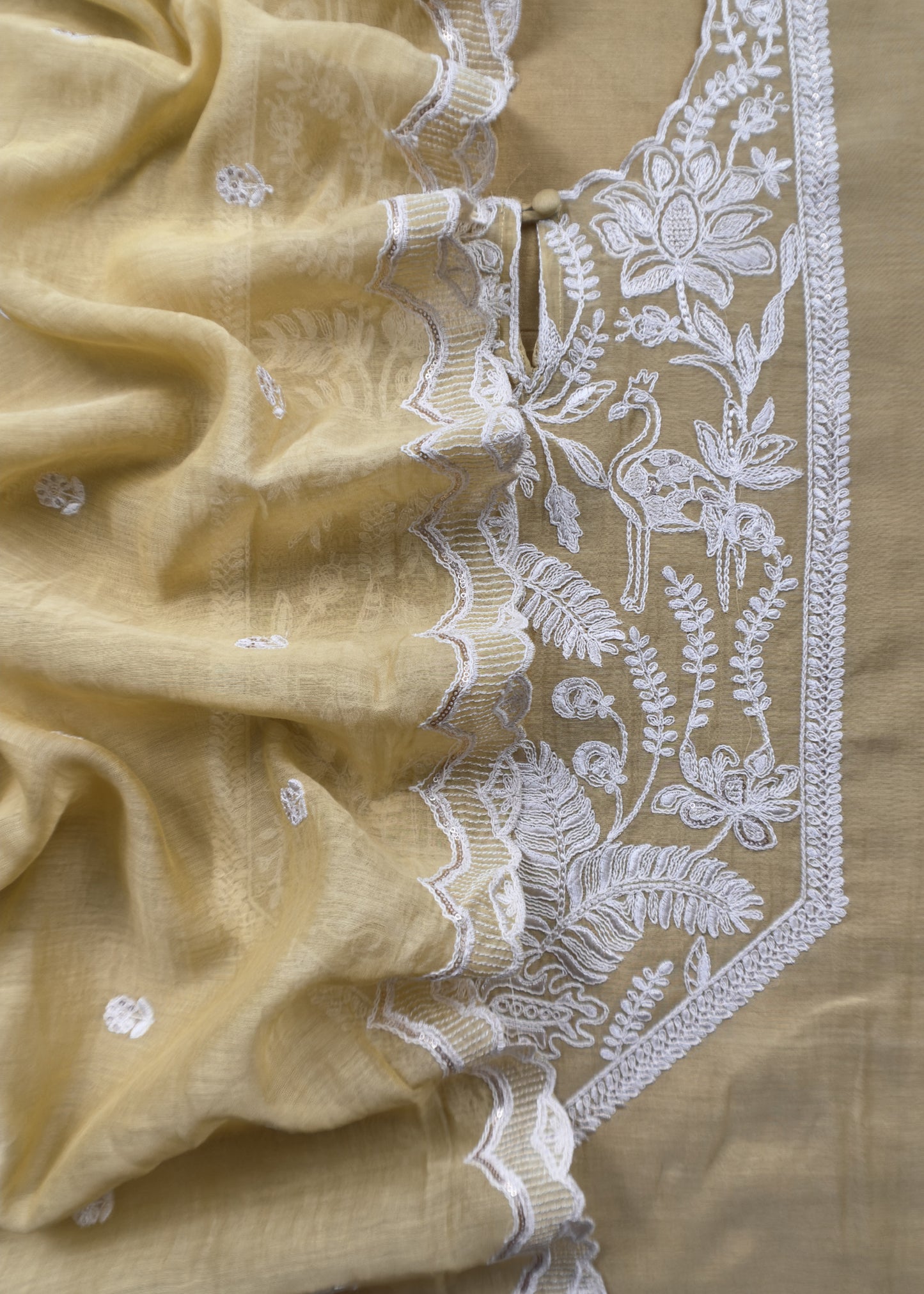 Corn Yellow Pure Mul Chanderi Suit Fabric With French Thread Embroidery