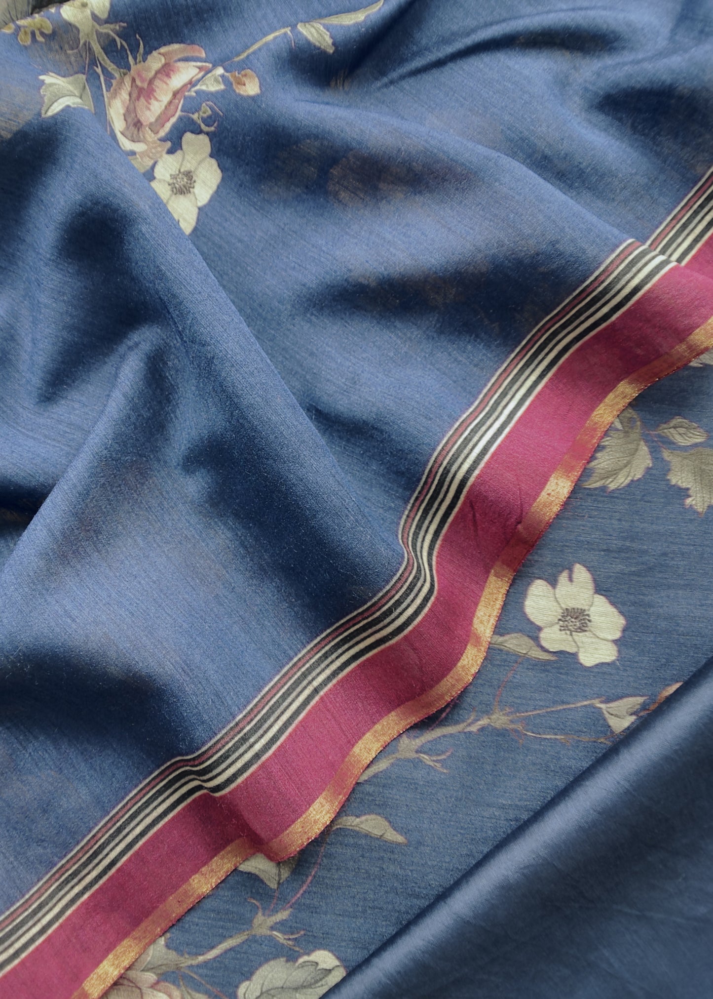 Royal Blue Handloom Munga Tussar Unstitched Suit With Digital Print