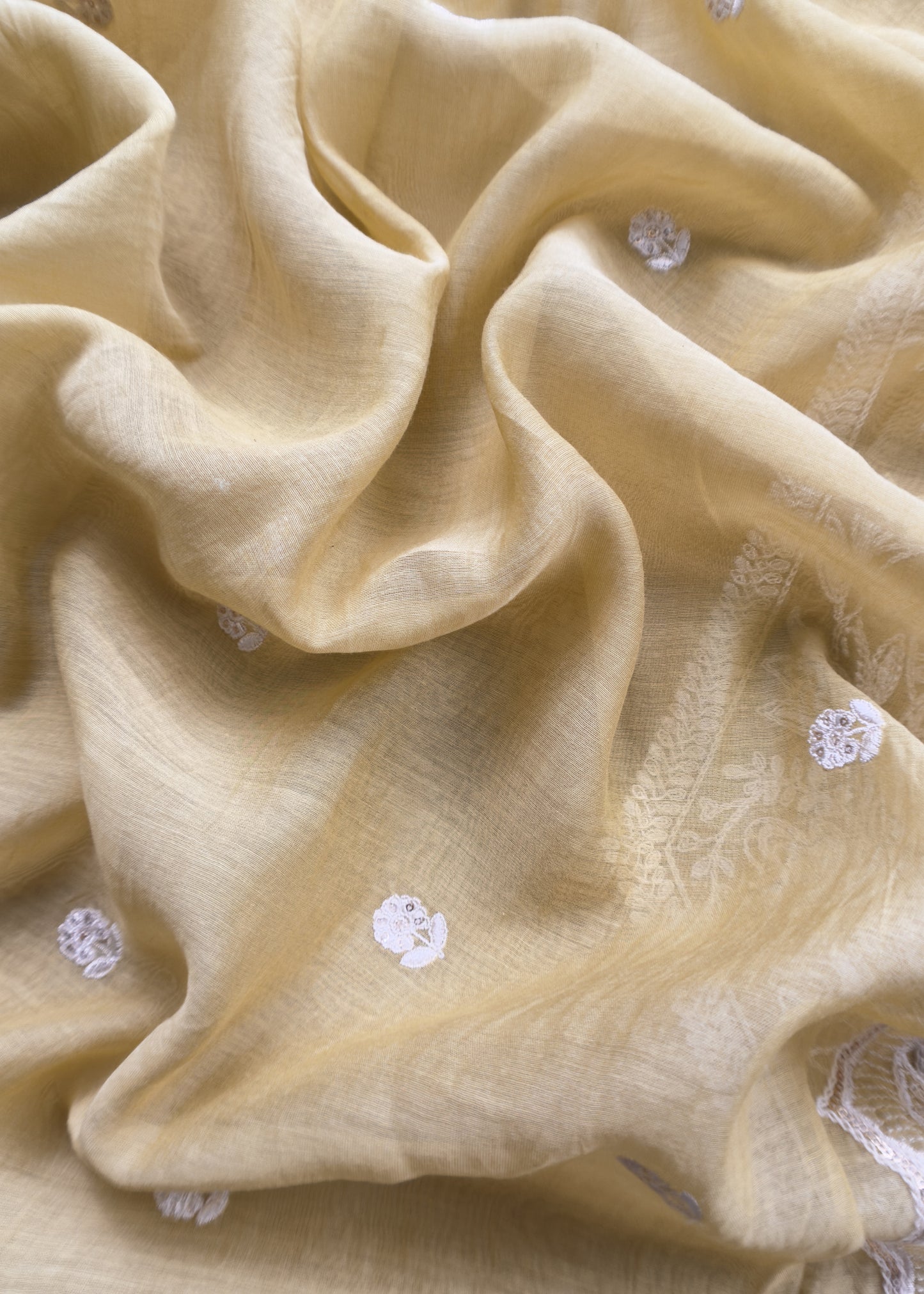 Corn Yellow Pure Mul Chanderi Suit Fabric With French Thread Embroidery
