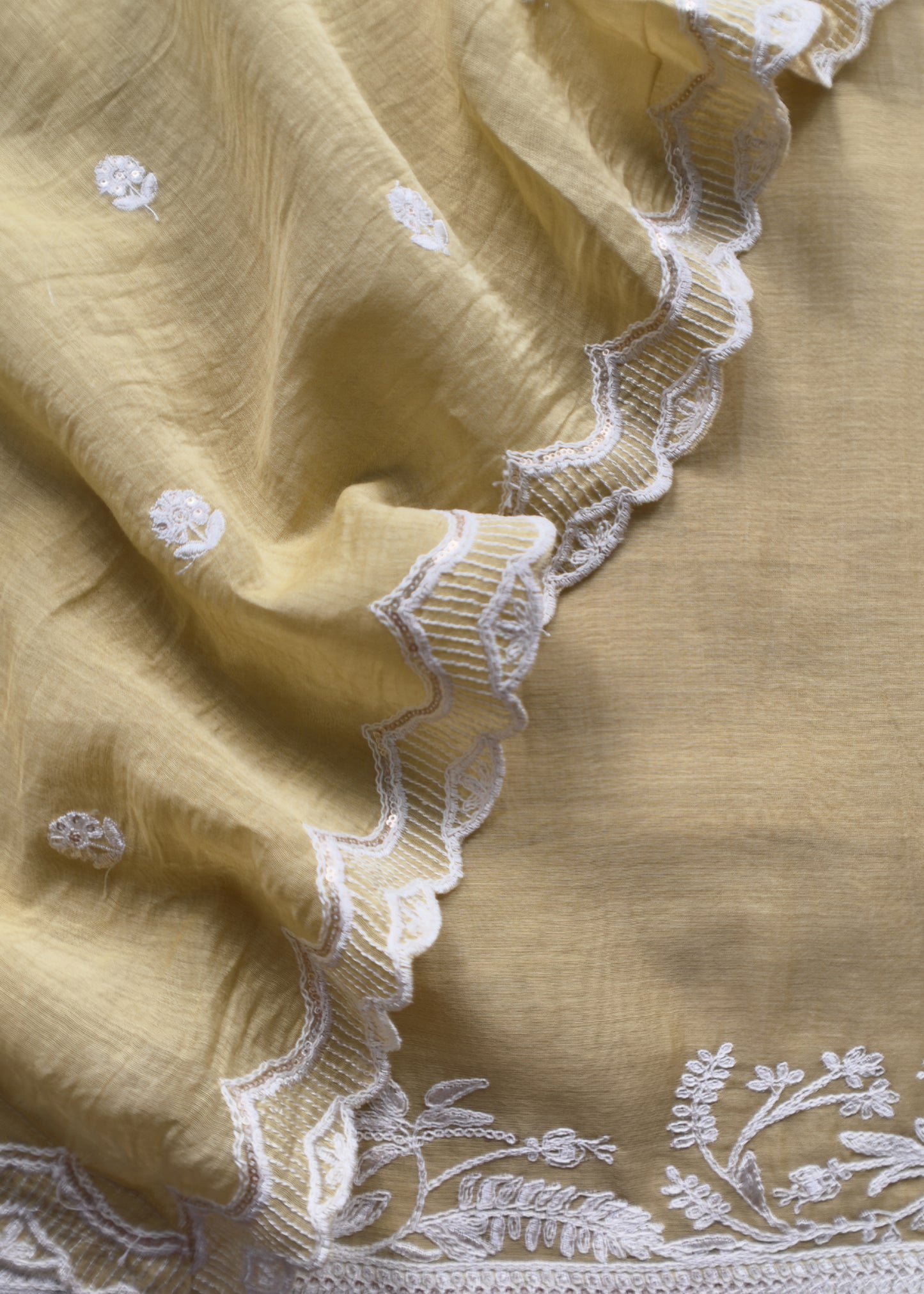 Corn Yellow Pure Mul Chanderi Suit Fabric With French Thread Embroidery