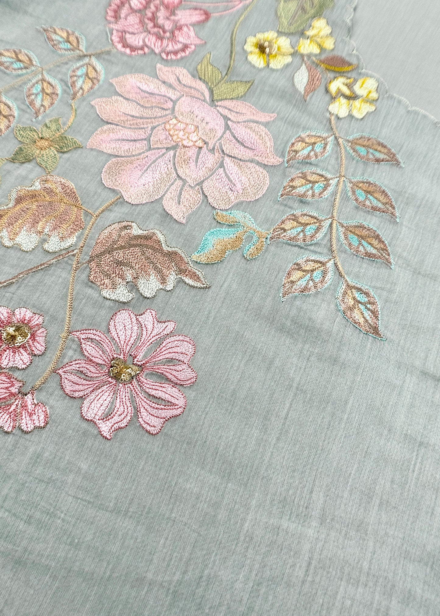 Soft Blue Pure Mulmul Suit Fabric With Floral Appliqué WorkBlue Pure Mulmul Suit Fabric With Floral Appliqué Work