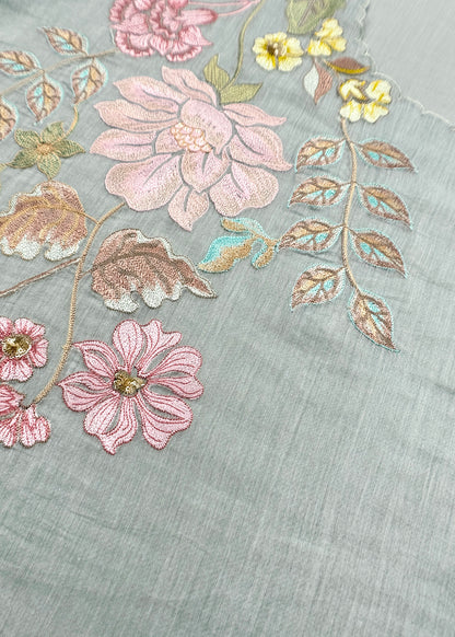 Soft Blue Pure Mulmul Suit Fabric With Floral Appliqué WorkBlue Pure Mulmul Suit Fabric With Floral Appliqué Work