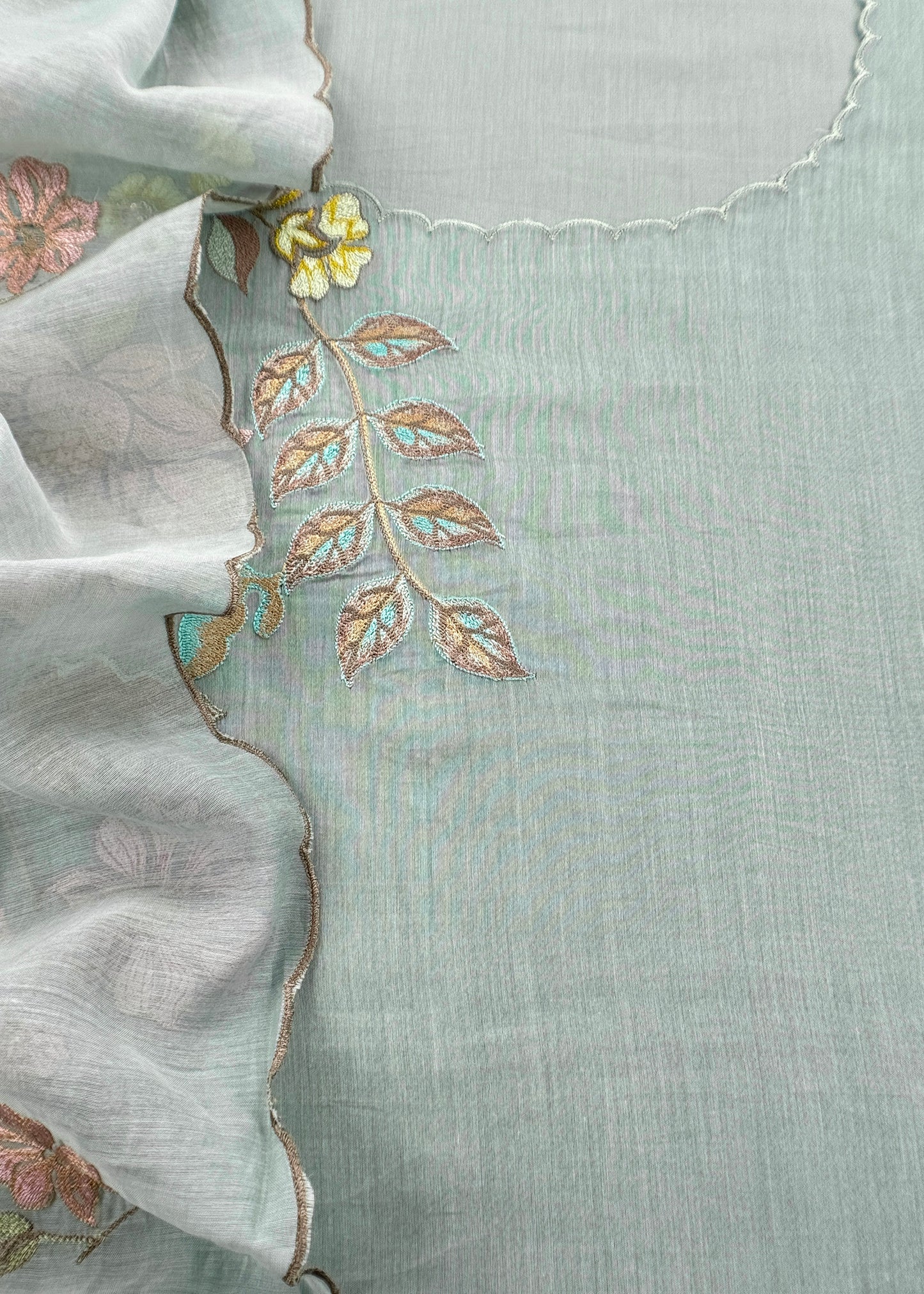 Soft Blue Pure Mulmul Suit Fabric With Floral Appliqué WorkBlue Pure Mulmul Suit Fabric With Floral Appliqué Work