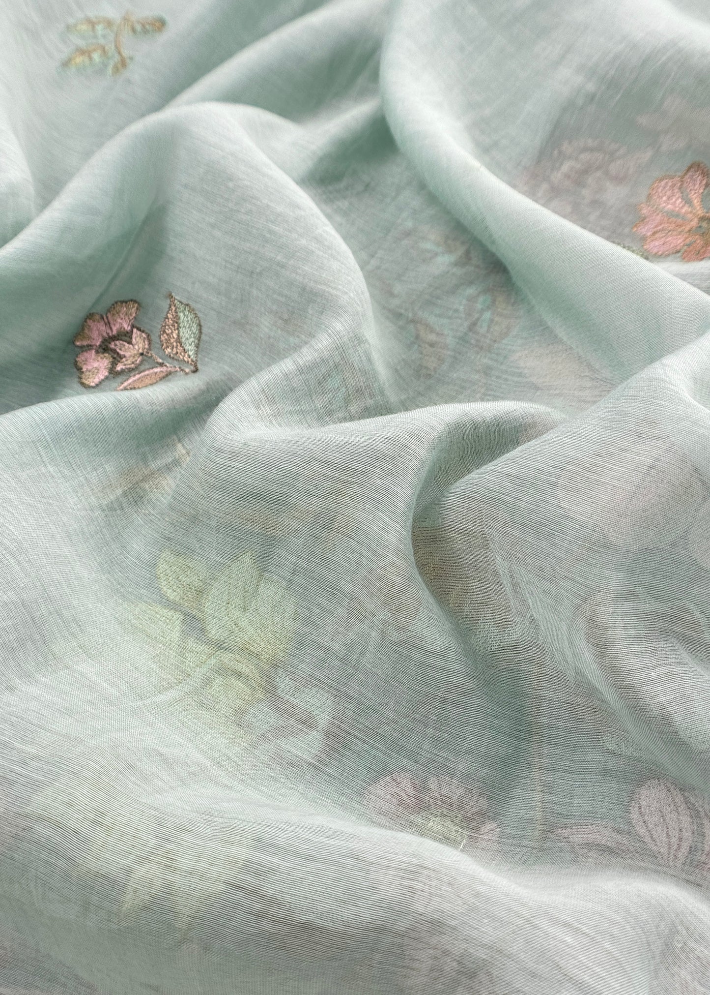 Soft Blue Pure Mulmul Suit Fabric With Floral Appliqué WorkBlue Pure Mulmul Suit Fabric With Floral Appliqué Work