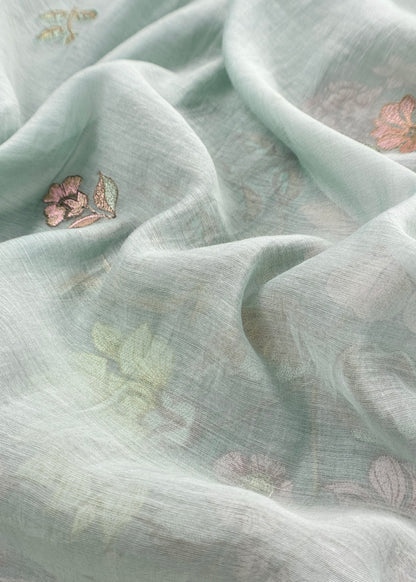 Soft Blue Pure Mulmul Suit Fabric With Floral Appliqué WorkBlue Pure Mulmul Suit Fabric With Floral Appliqué Work