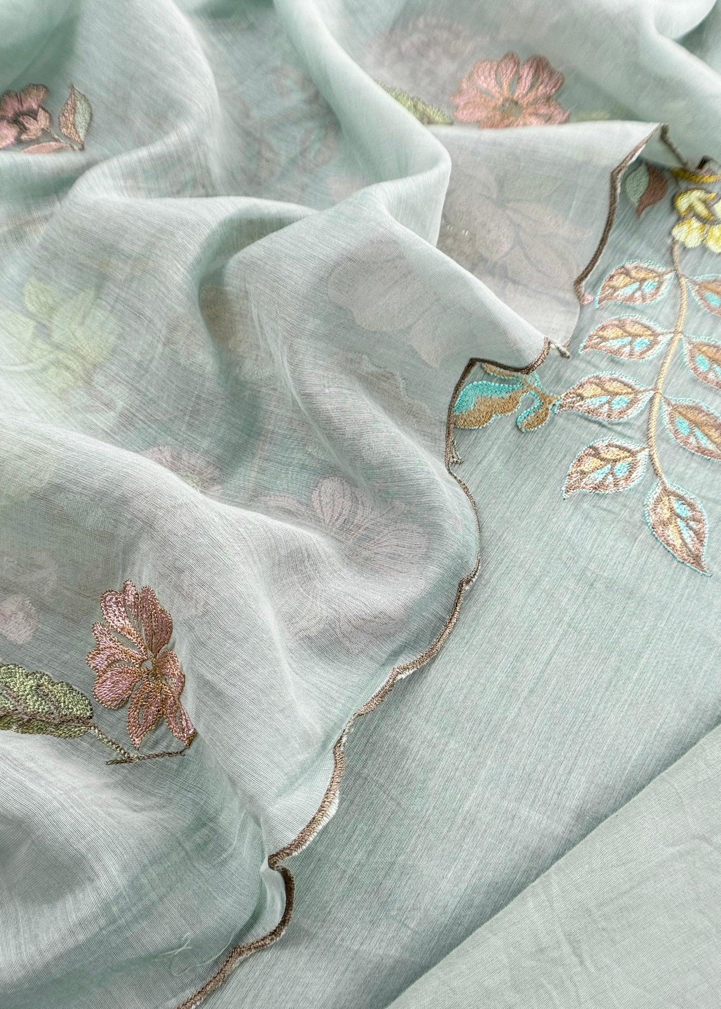 Soft Blue Pure Mulmul Suit Fabric With Floral Appliqué WorkBlue Pure Mulmul Suit Fabric With Floral Appliqué Work