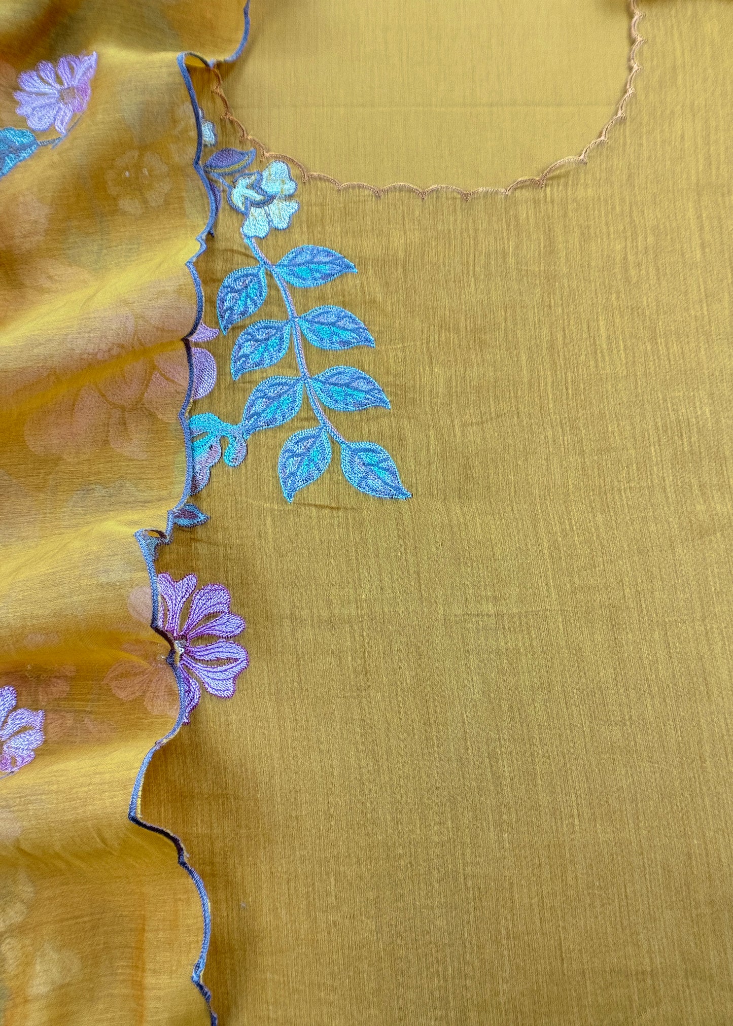 Yellow Pure Mulmul Suit Fabric With Floral Appliqué Work