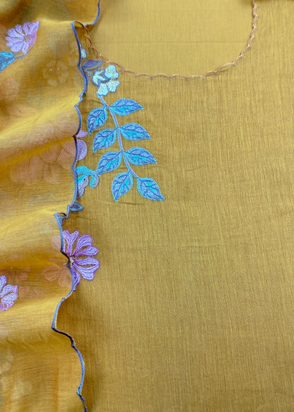 Yellow Pure Mulmul Suit Fabric With Floral Appliqué Work