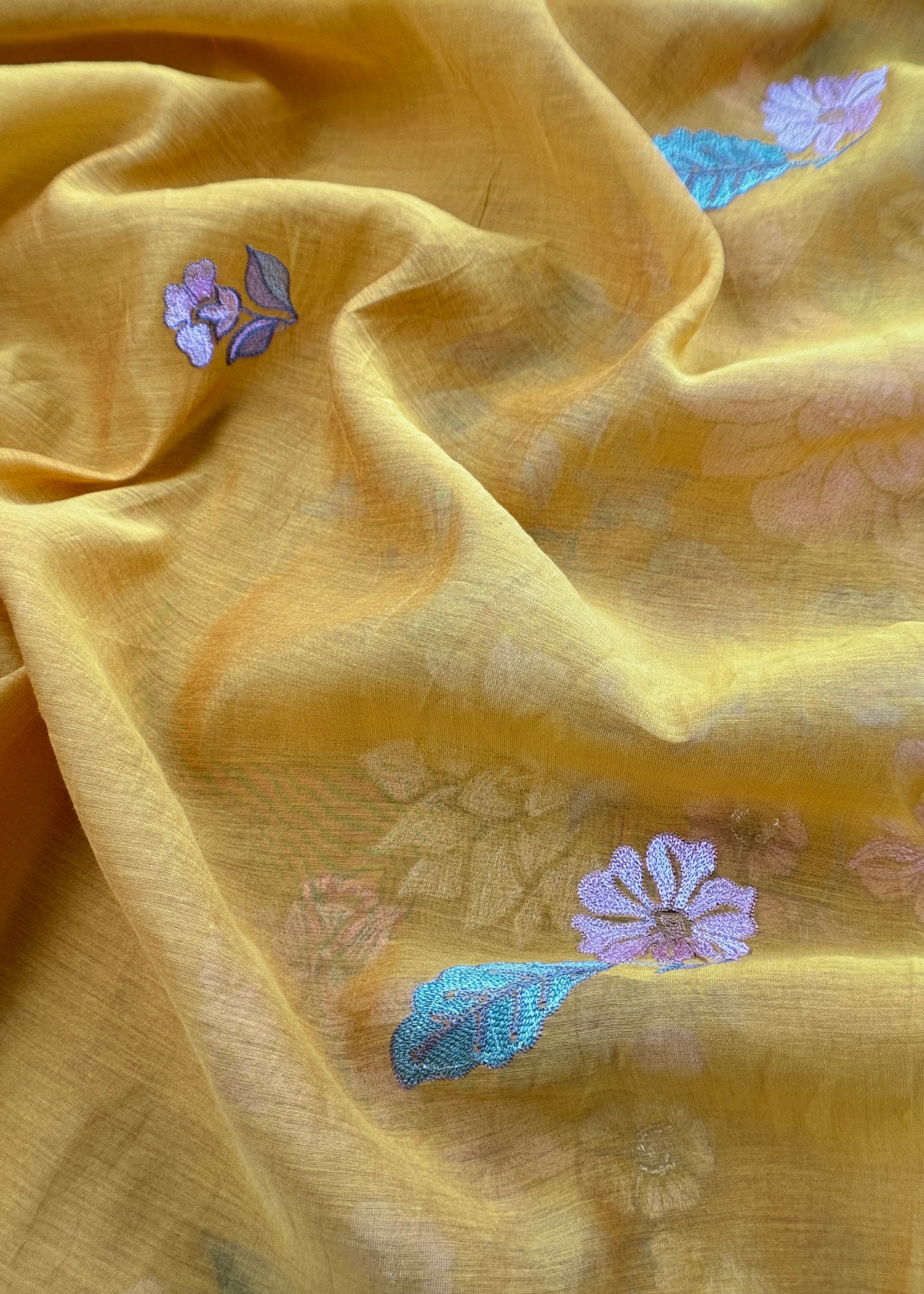 Yellow Pure Mulmul Suit Fabric With Floral Appliqué Work