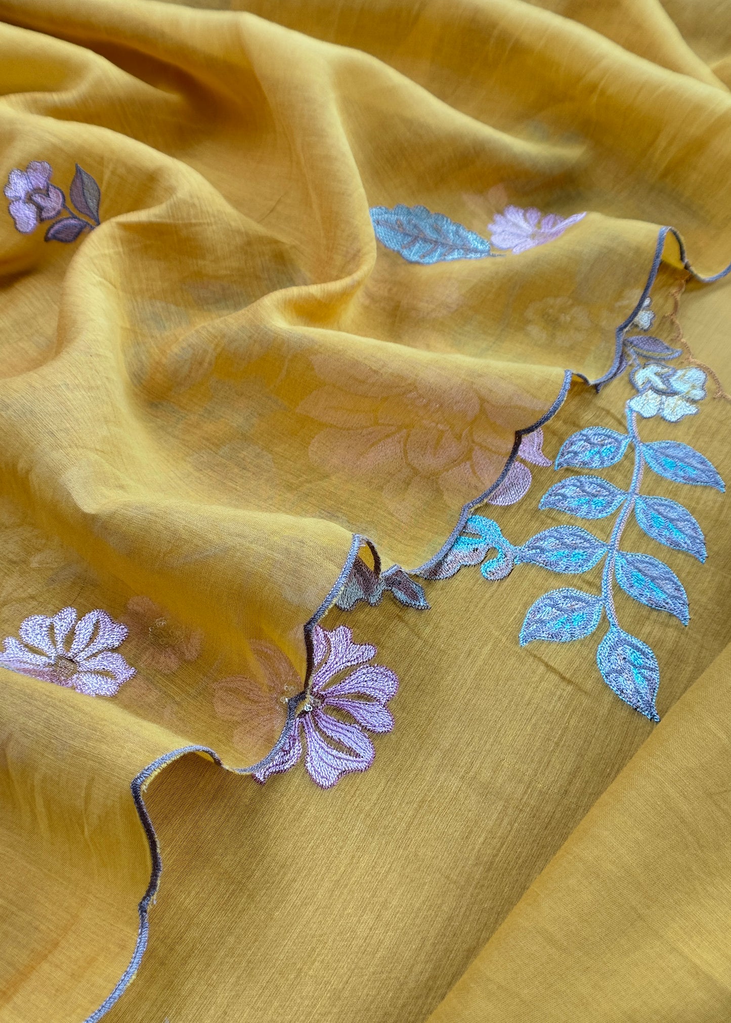 Yellow Pure Mulmul Suit Fabric With Floral Appliqué Work