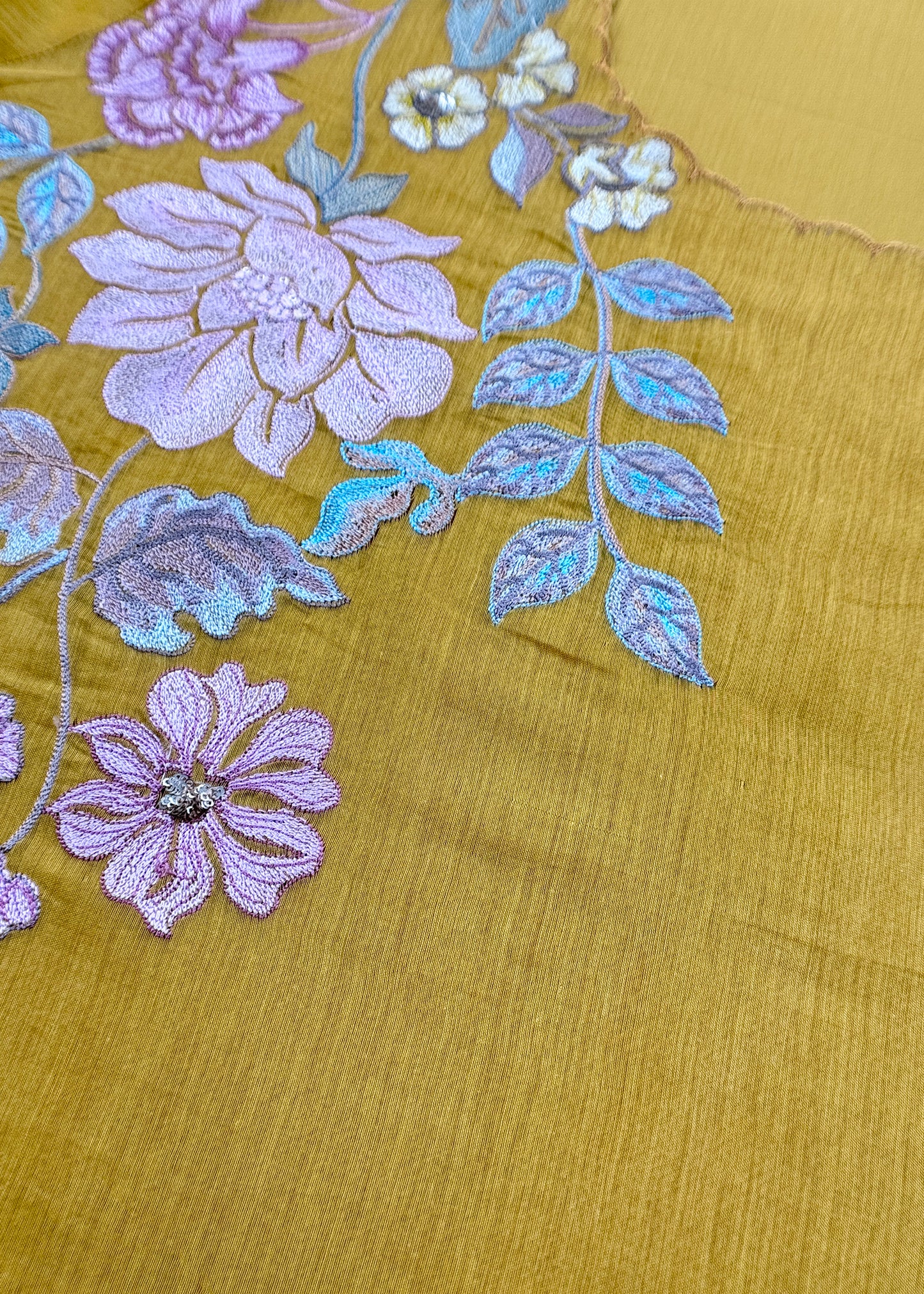 Yellow Pure Mulmul Suit Fabric With Floral Appliqué Work