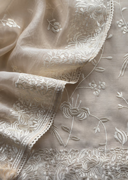 White Summer Spring Mul Chanderi Suit Set With Peacocks And Floral Resham Embroidery
