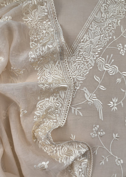 White Summer Spring Mul Chanderi Suit Set With Peacocks And Floral Resham Embroidery