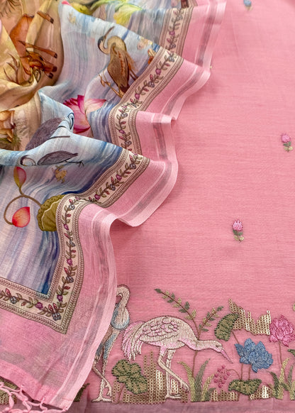 Baby Pink Mulmul Suit With Digital Print Dupatta