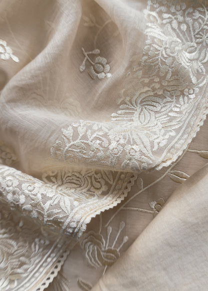 White Summer Spring Mul Chanderi Suit Set With Peacocks And Floral Resham Embroidery