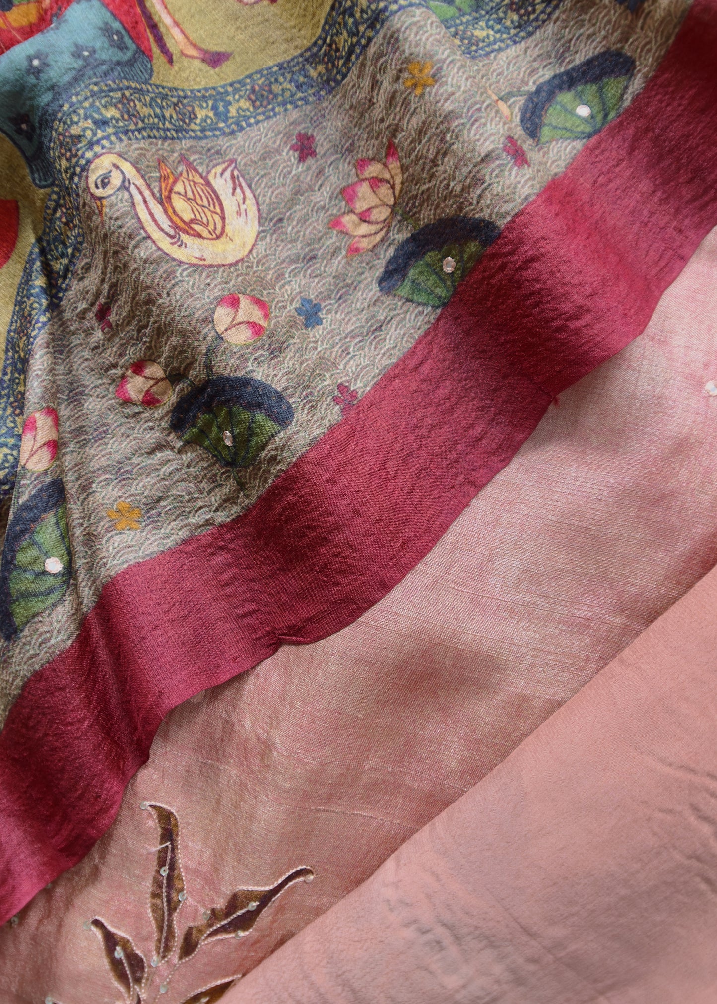 Pastel Pink Tussar Silk Unstitched Suit With Pichwai Dupatta