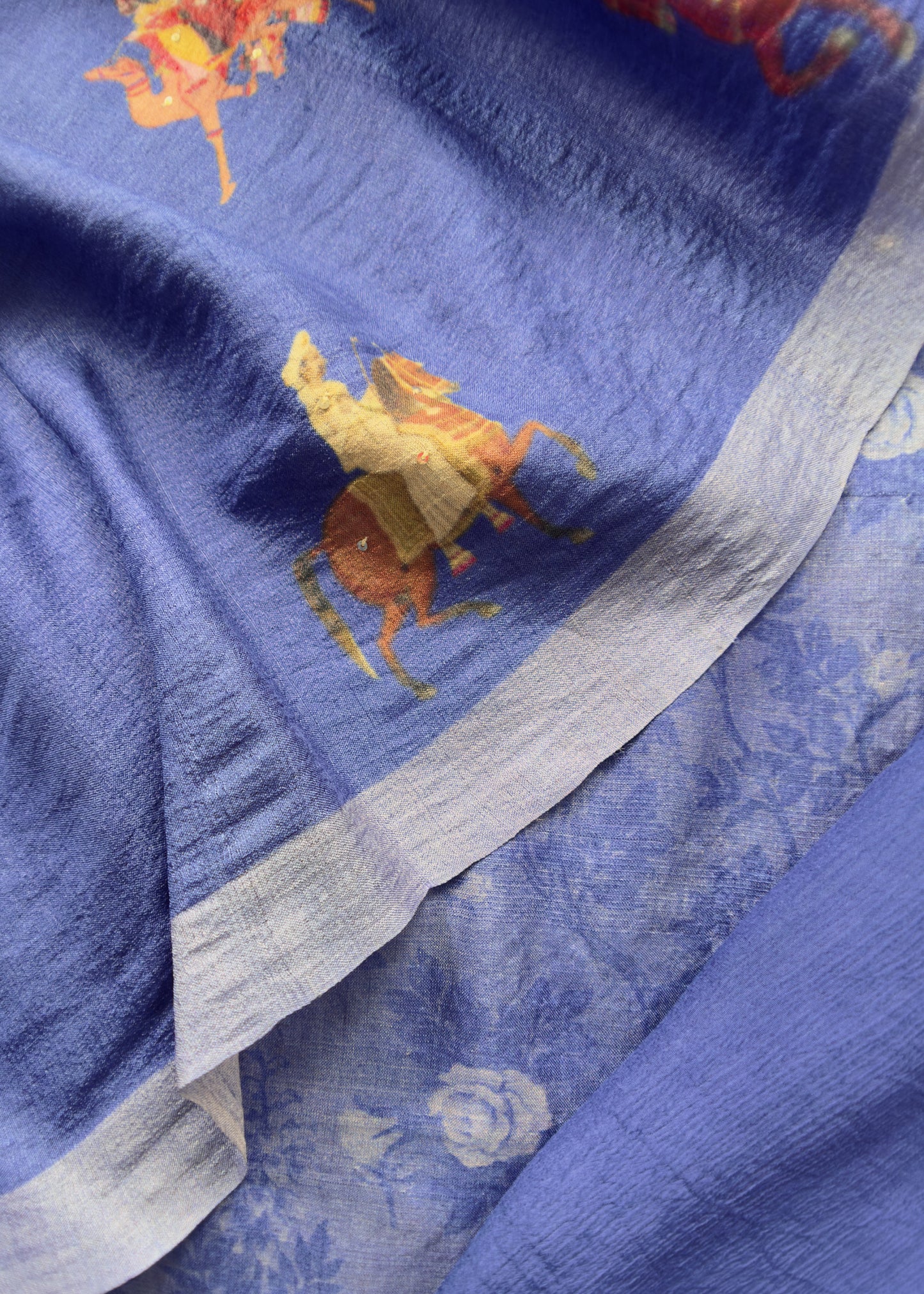 Royal Blue Tussar Silk Unstitched Suit With Pichwai Dupatta