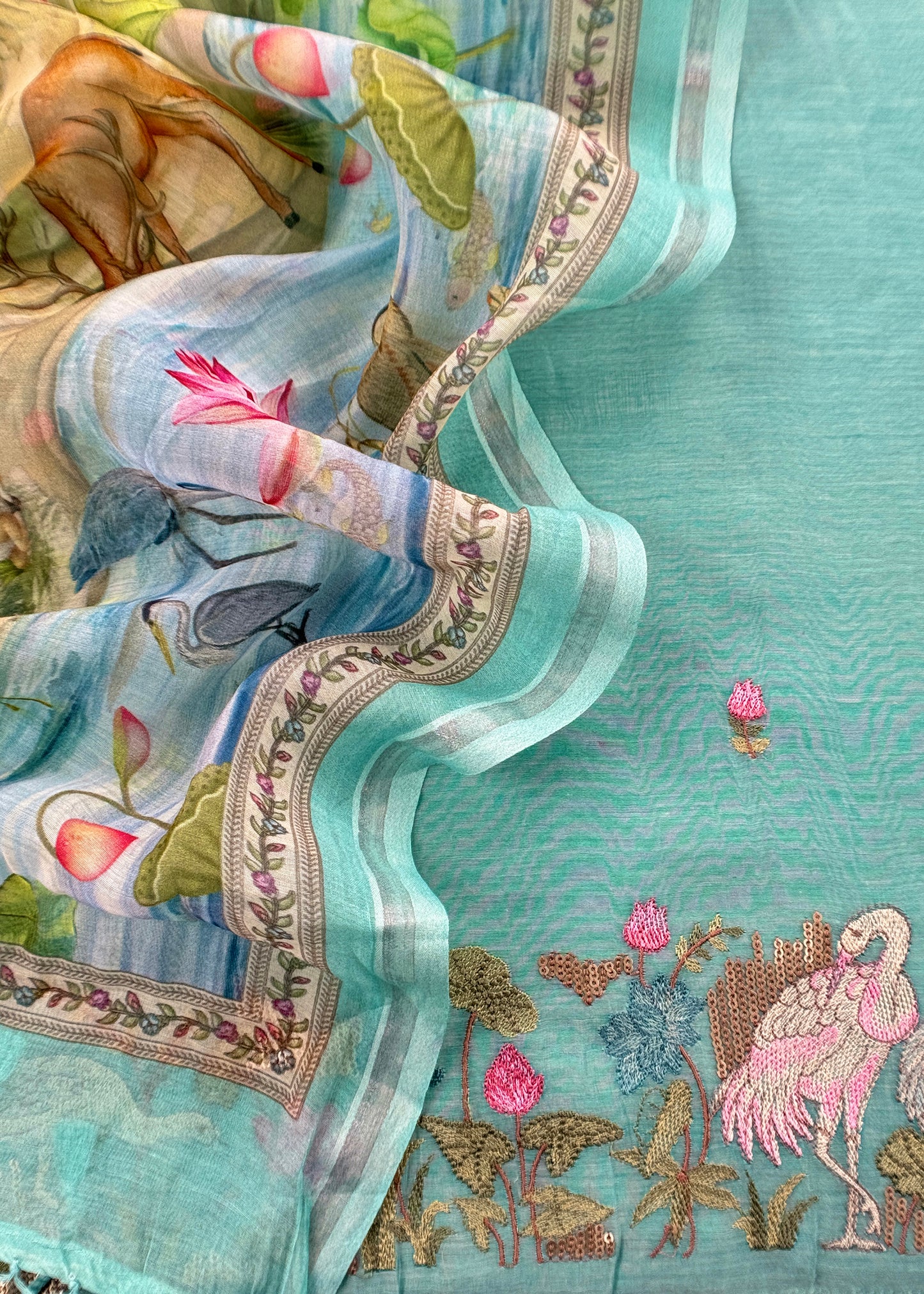 Turquoise Blue Mulmul Suit With Digital Print Dupatta