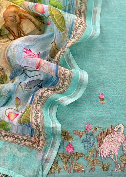 Turquoise Blue Mulmul Suit With Digital Print Dupatta
