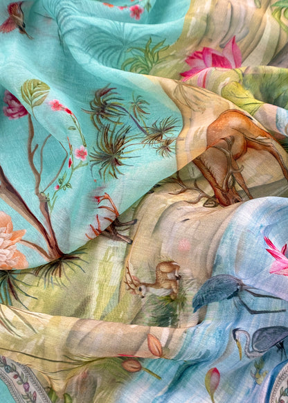Turquoise Blue Mulmul Suit With Digital Print Dupatta