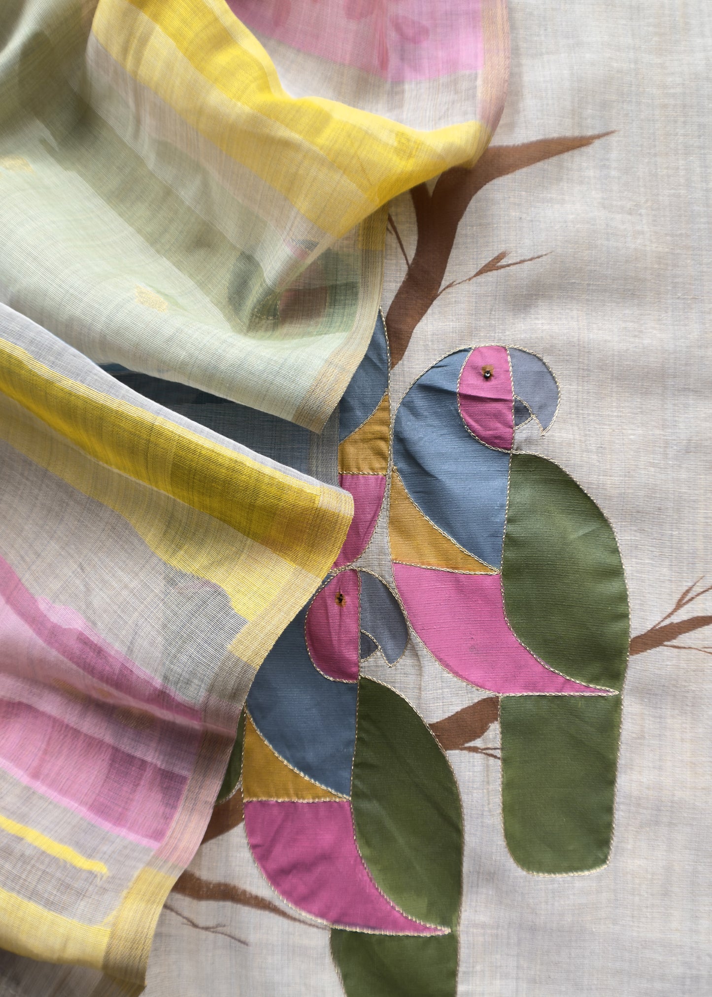 Beige Mul Chanderi Unstitched Suit With Multicolor Dupatta