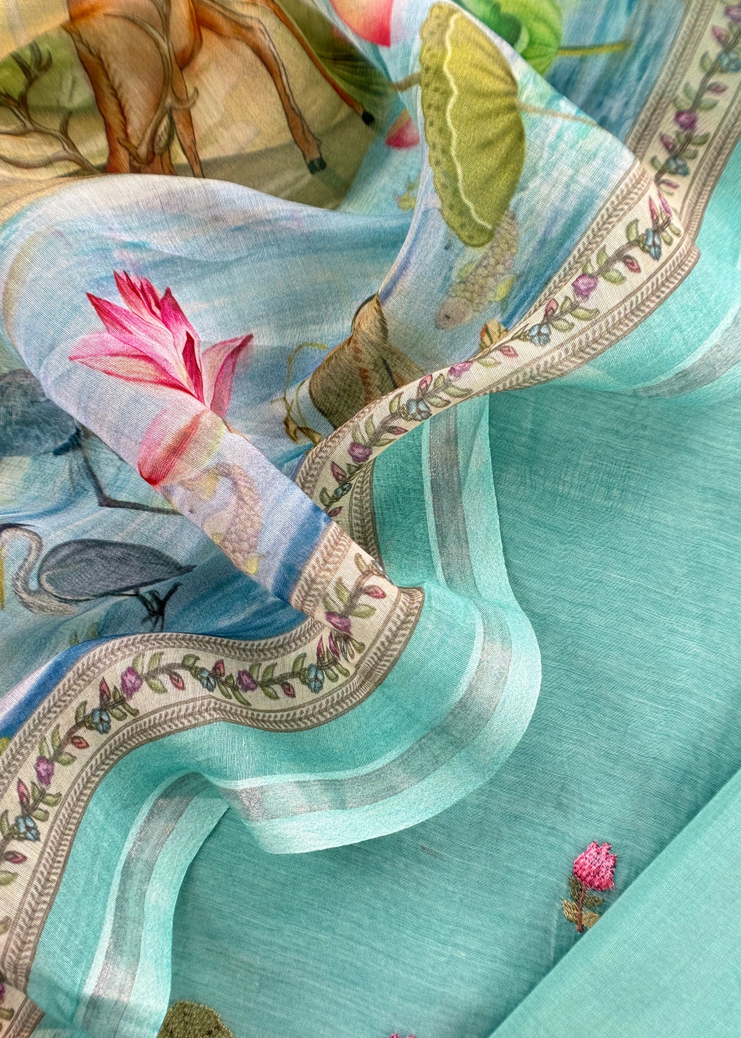 Turquoise Blue Mulmul Suit With Digital Print Dupatta
