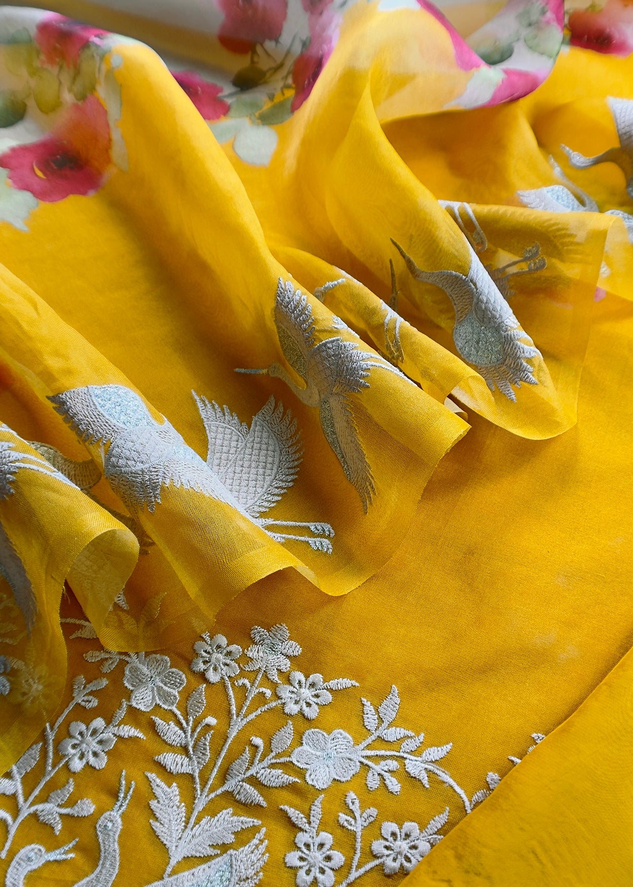 Yellow Pure Kora Silk Suit With Flamingo Embroidery