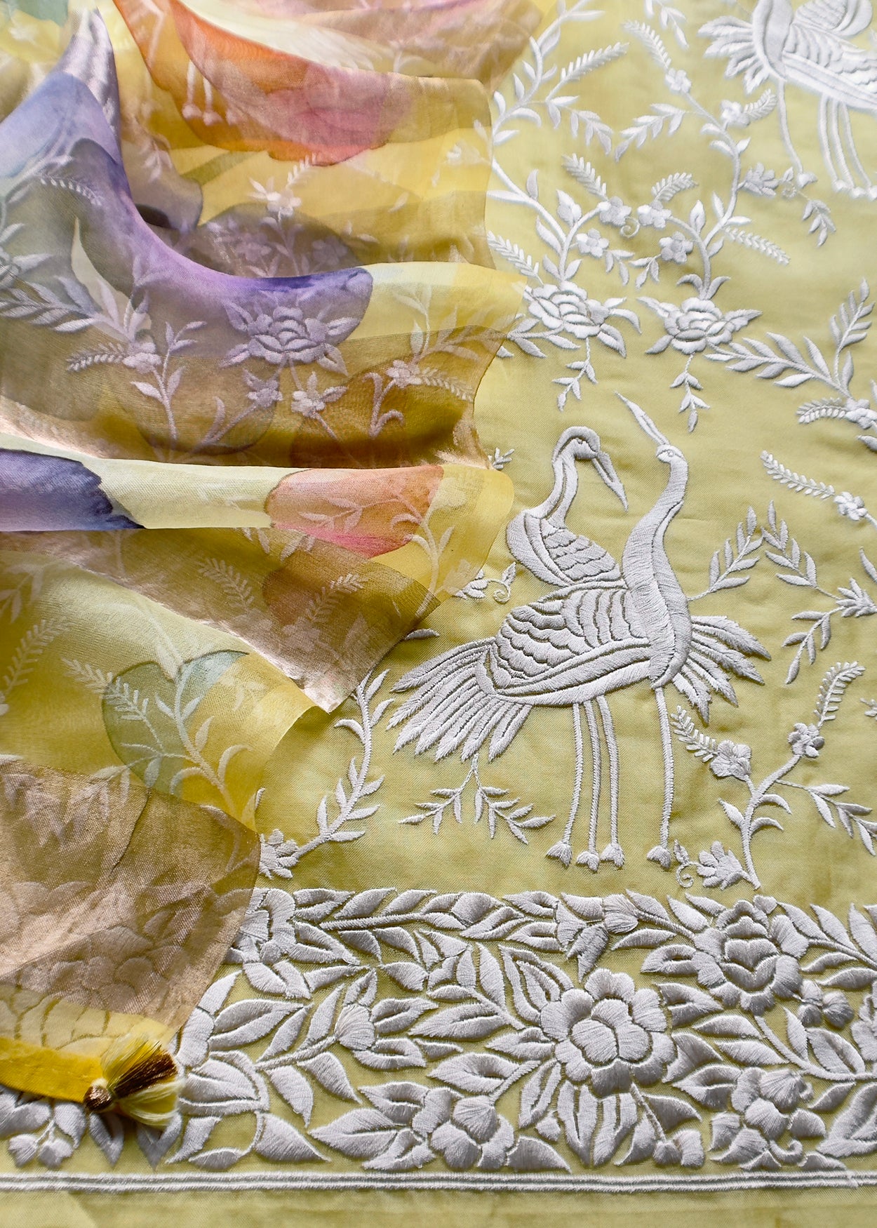Lemon Yellow Pure Kora Silk Suit With Flamingo Embroidery