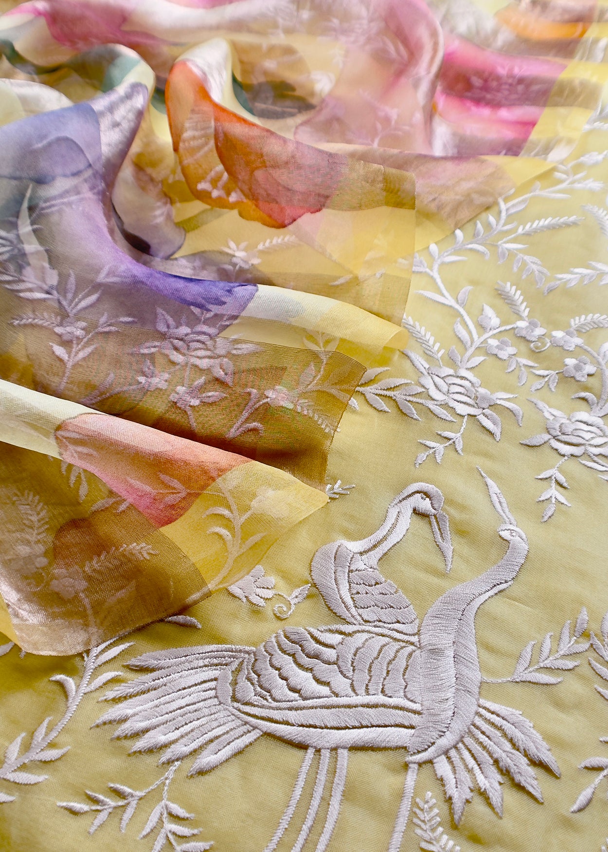 Lemon Yellow Pure Kora Silk Suit With Flamingo Embroidery