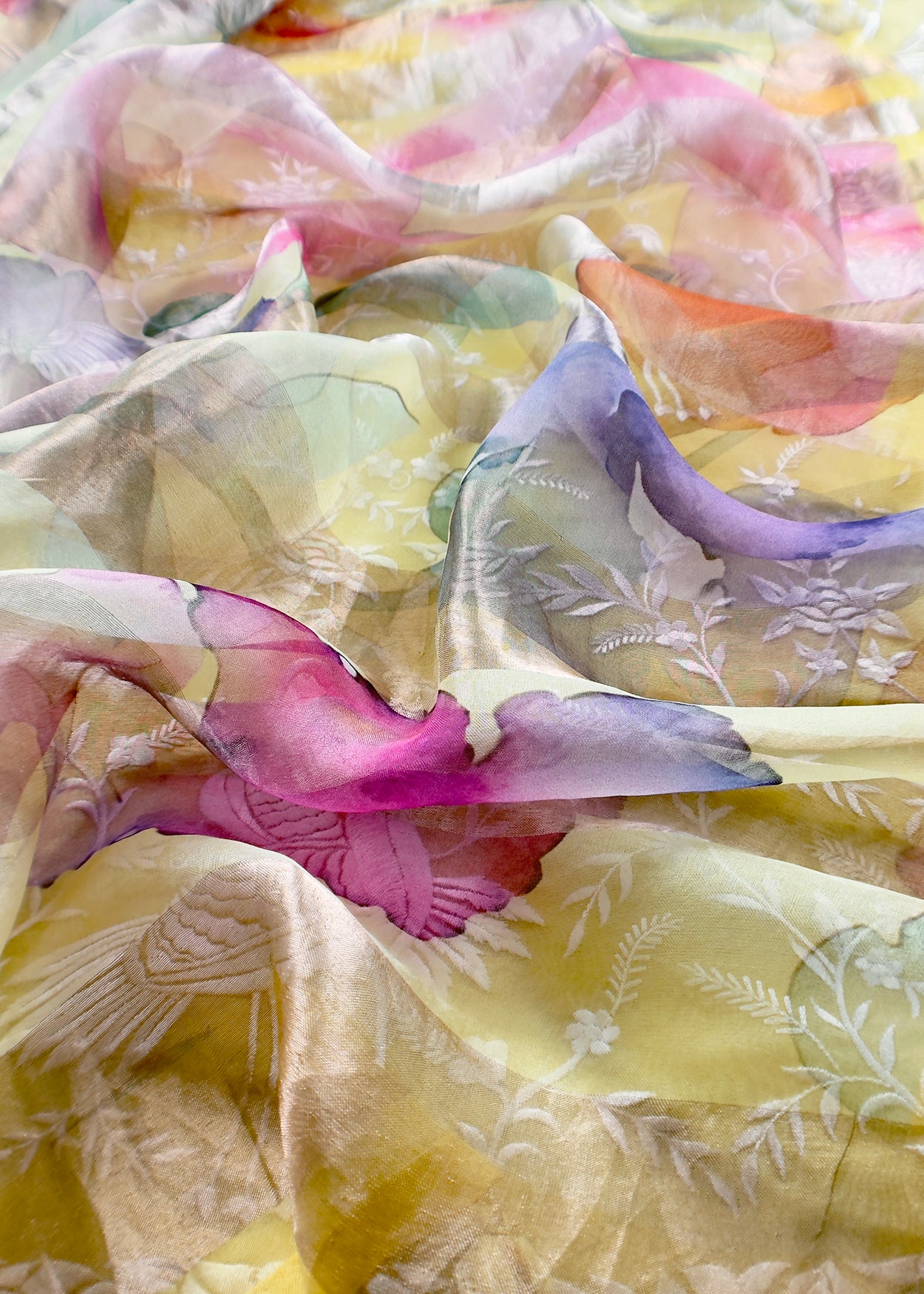Lemon Yellow Pure Kora Silk Suit With Flamingo Embroidery