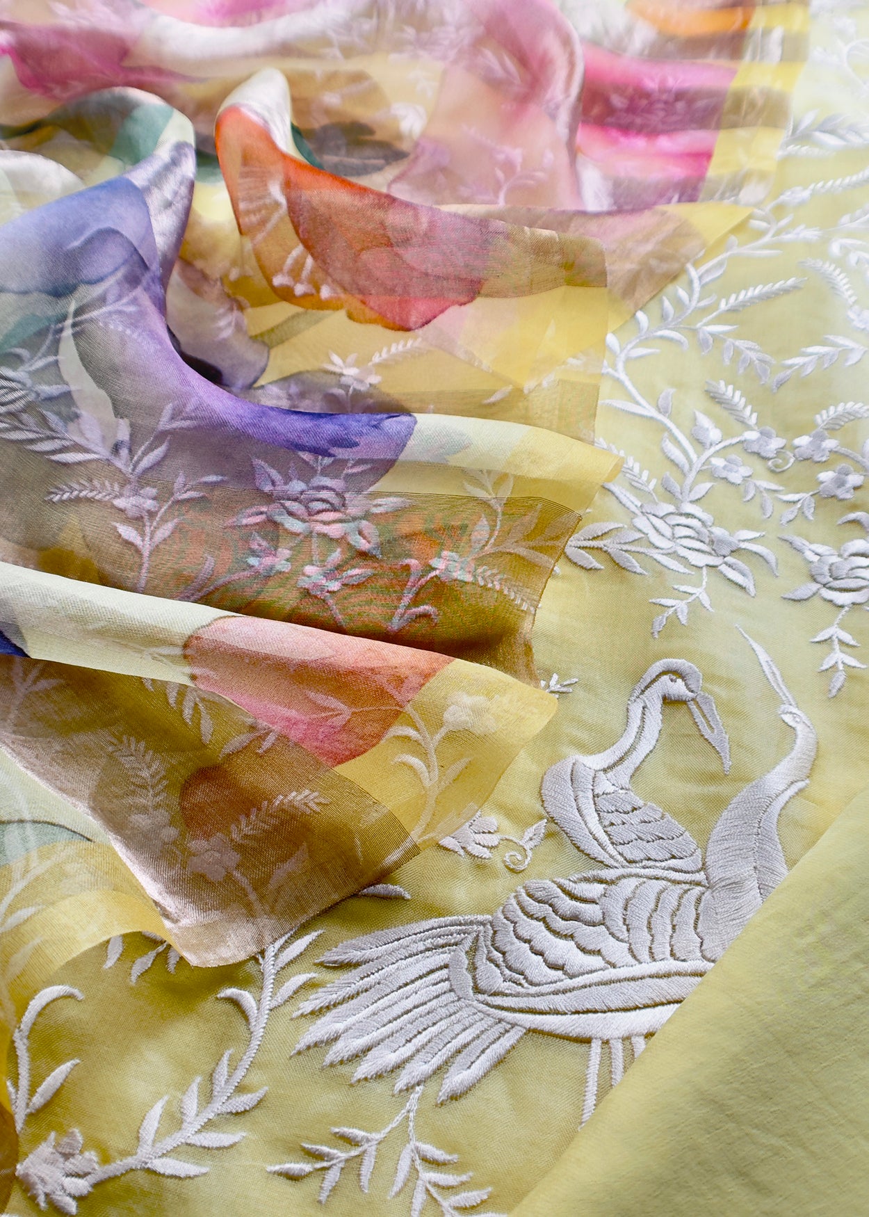 Lemon Yellow Pure Kora Silk Suit With Flamingo Embroidery