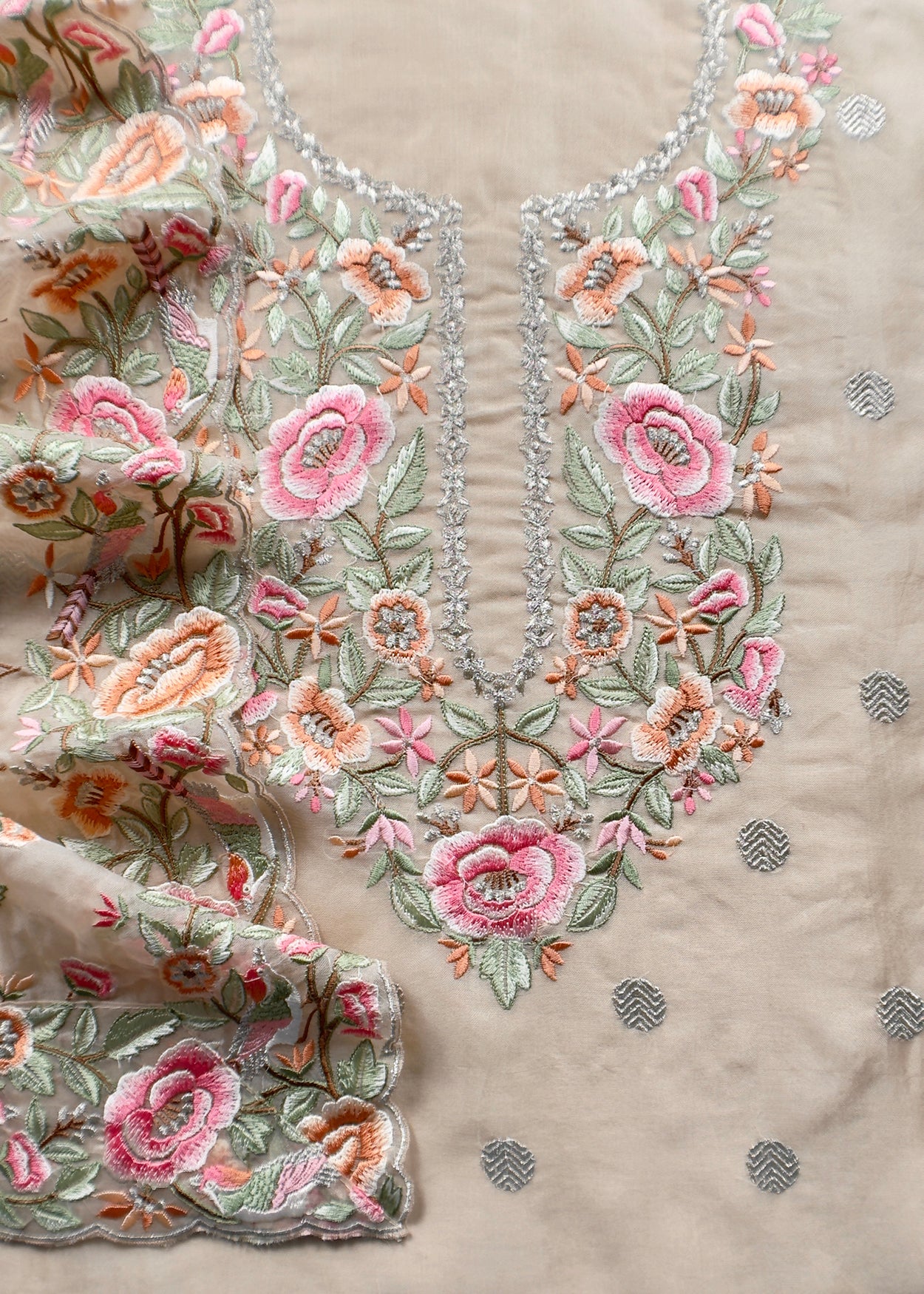 Beige Parsi Thread Embroidery Pure Organza Unstitched Suit With Dupatta
