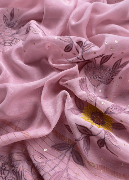 Pink Summer Special Mul Chanderi Suit With Pitta and Appliqué Work