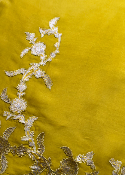 Pea Soup Pure Kora Silk Suit With Dupatta In Applique Work