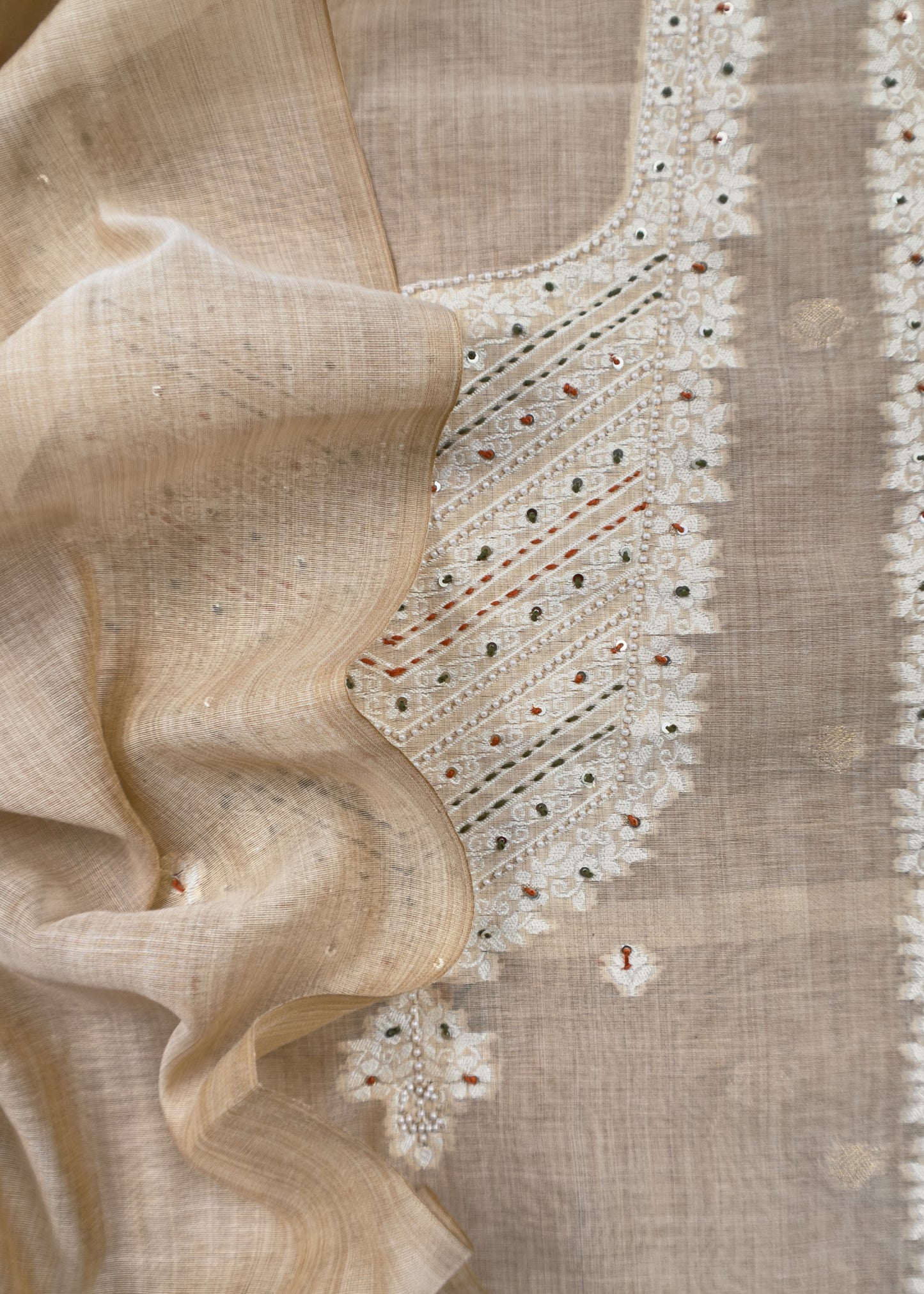 Beige And Orange Cotton Linen Unstitched Suit With Jamdani Weaving