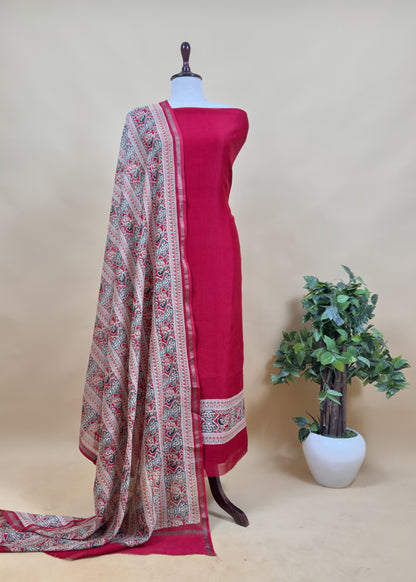 Wine Pure Maheshwari Unstitched Suits With Patola Dupatta