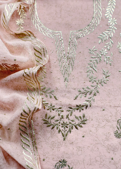 Baby Pink Handloom Hand-block Print Mul Chanderi Suit with Gold Pitta Hand Work