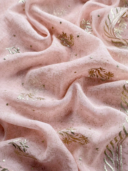 Baby Pink Handloom Hand-block Print Mul Chanderi Suit with Gold Pitta Hand Work