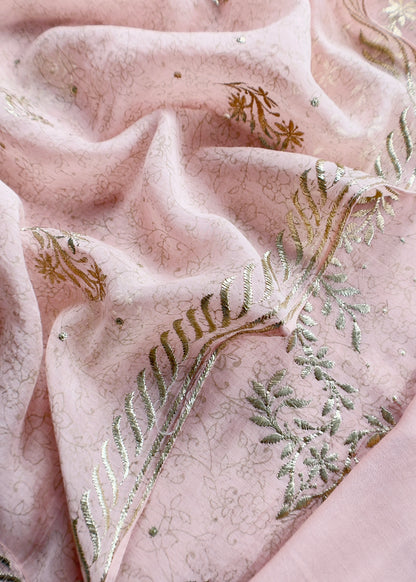 Baby Pink Handloom Hand-block Print Mul Chanderi Suit with Gold Pitta Hand Work