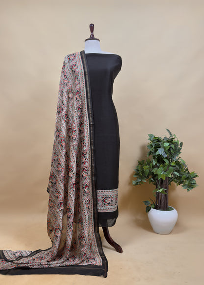 Wine Pure Maheshwari Unstitched Suits With Patola Dupatta