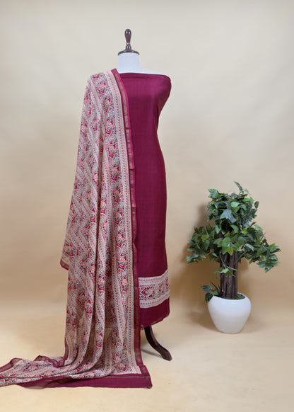 Wine Pure Maheshwari Unstitched Suits With Patola Dupatta