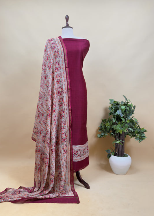 Wine Pure Maheshwari Unstitched Suits With Patola Dupatta