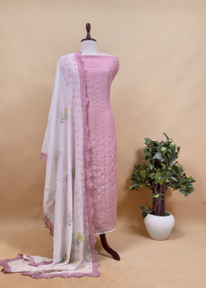 Off White Embroidered Unstitched Mulmul Suit With Scalloped Border