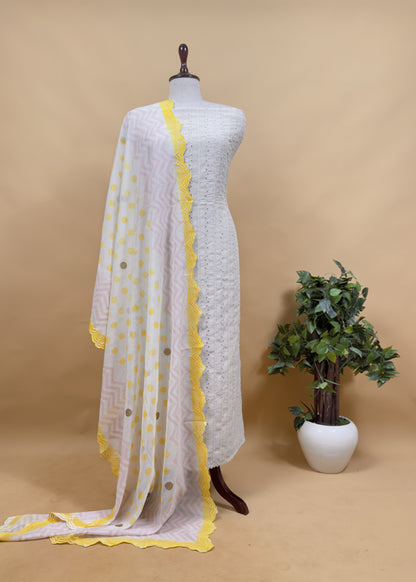 Off White Embroidered Unstitched Mulmul Suit With Scalloped Border