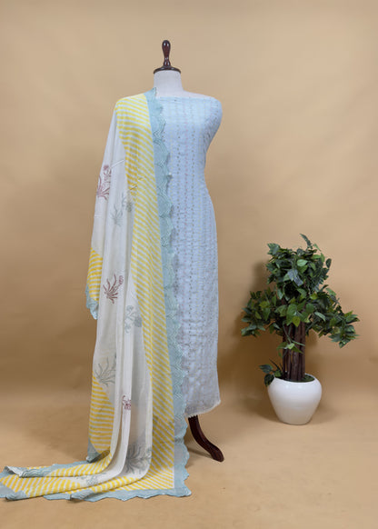 Off White Embroidered Unstitched Mulmul Suit With Scalloped Border