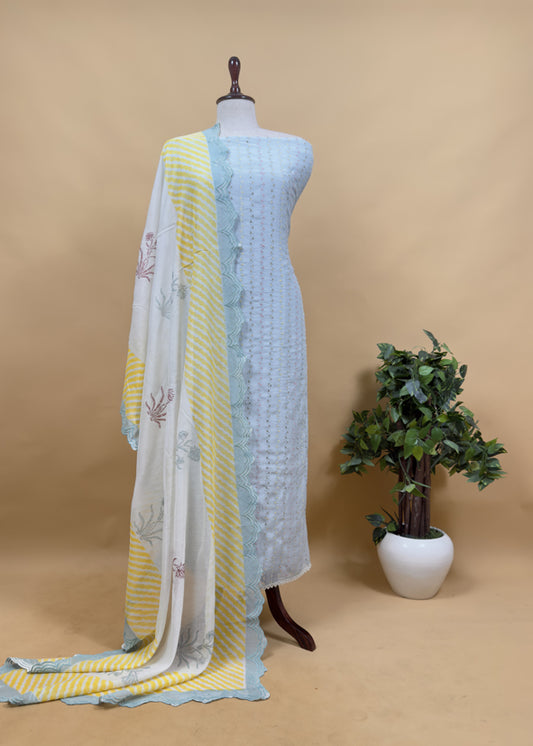Blue Embroidered Unstitched Mulmul Suit With Scalloped Border