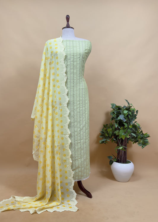Green Embroidered Unstitched Mulmul Suit With Scalloped Border