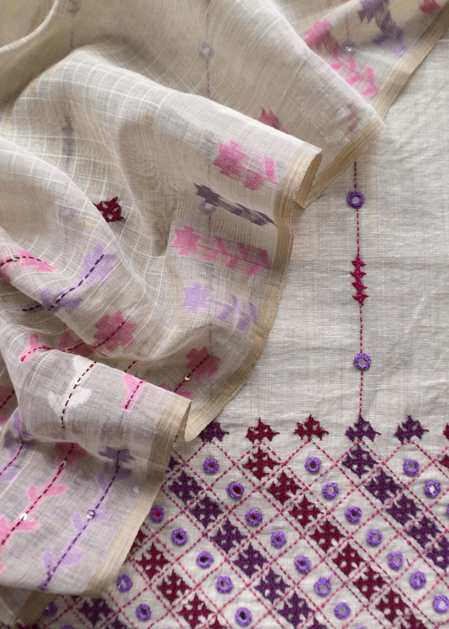 Beige With Pink, Purple Kutch Embroidered Cotton Linen Unstitched Suit