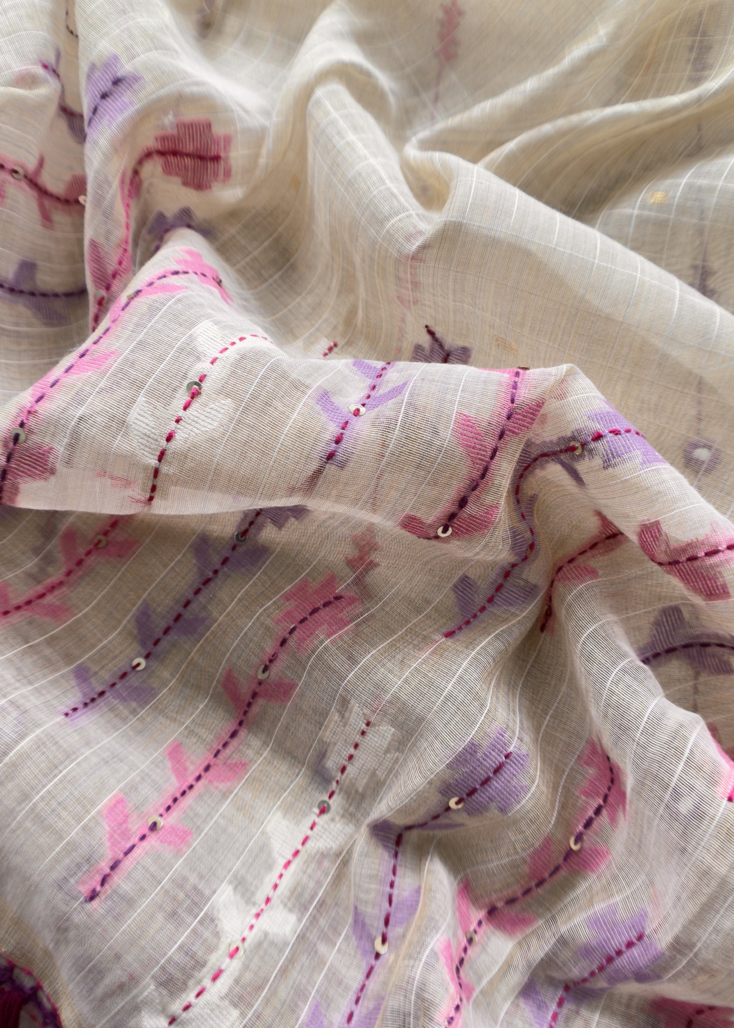 Beige With Pink, Purple Kutch Embroidered Cotton Linen Unstitched Suit