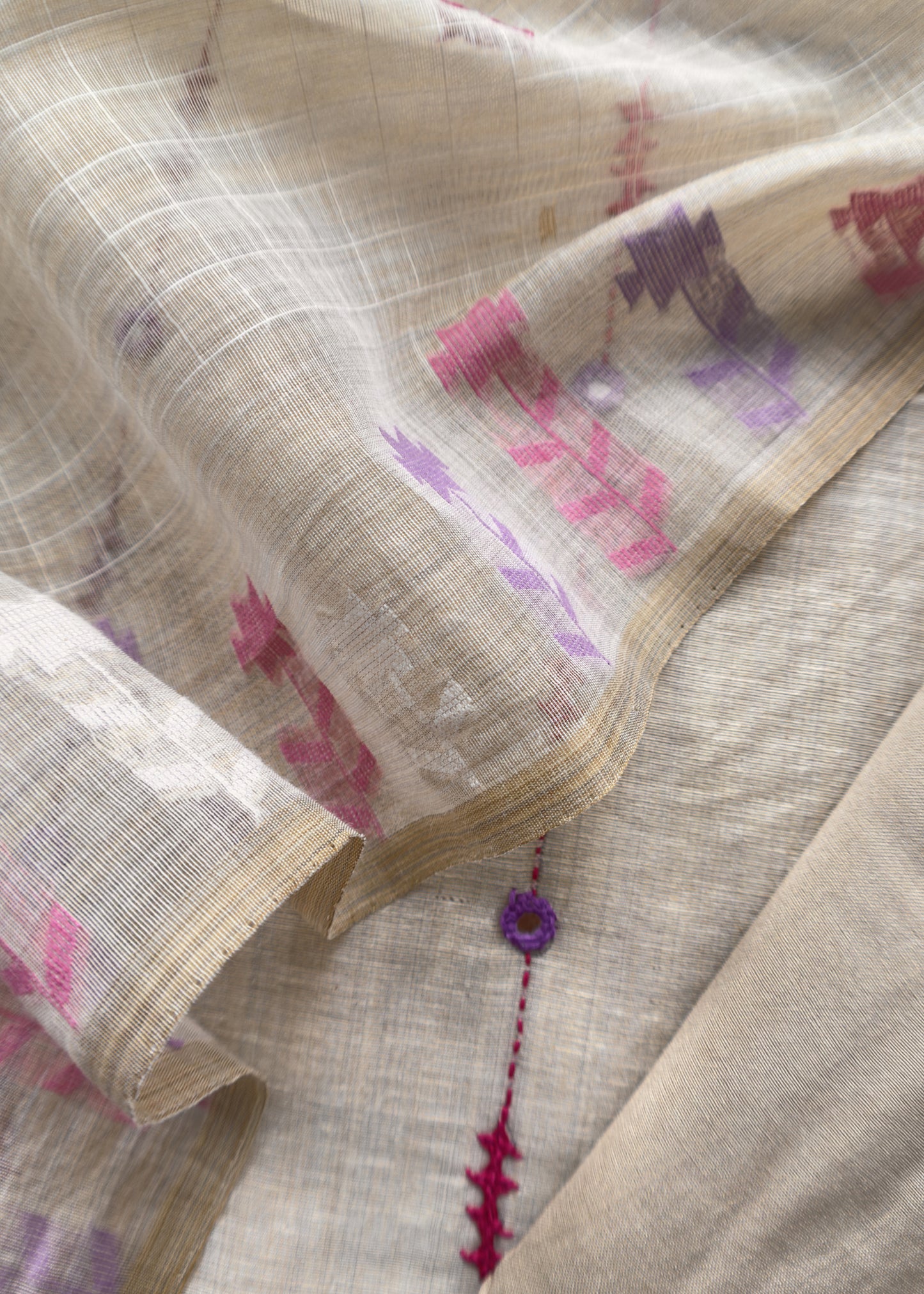Beige With Pink, Purple Kutch Embroidered Cotton Linen Unstitched Suit